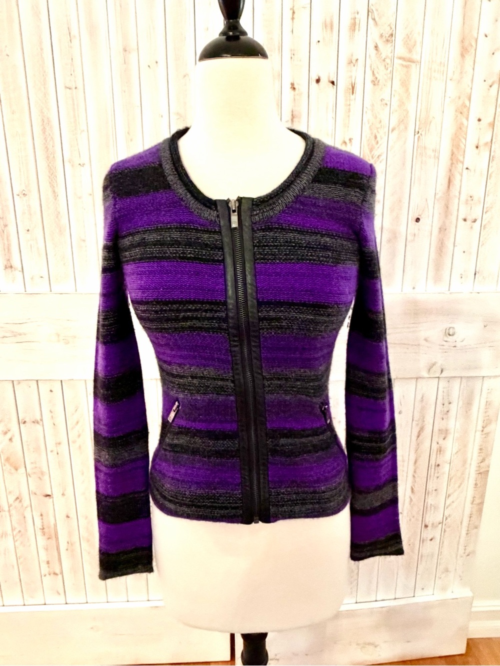 Striped Purple and Black Zip-Front Women's Sweater by Aqua